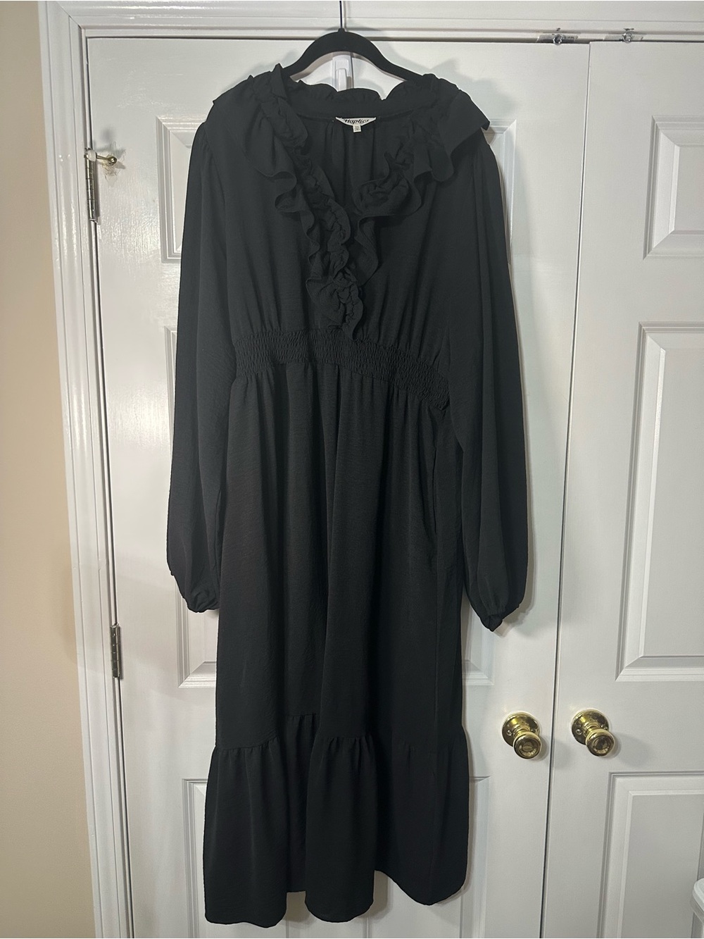 Ruffled Black Maxi Dress with Long Sleeves